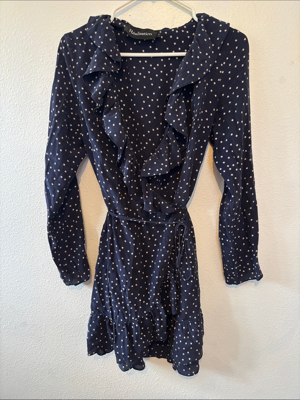 Realisation Silk Par Navy Star-Print Ruffle Wrap Dress
